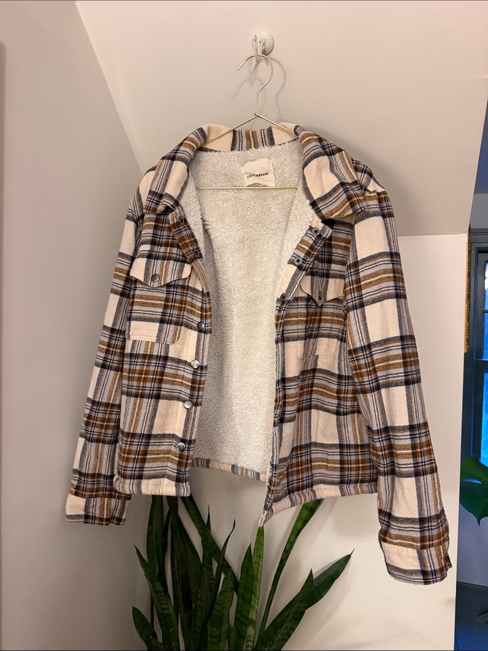 Lucky Brand Cream & Brown Plaid Teddy-Lined Shacket